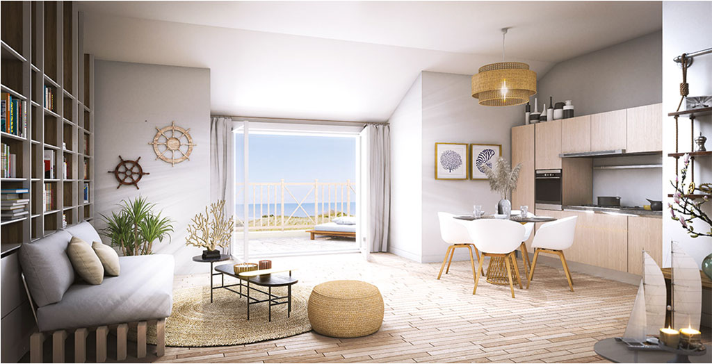 Esquisse de l'intérieur d'un appartement du programme Le MerVeilleux, logement neuf à Cabourg, un projet Birdy Promotion